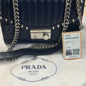 Prada Navy Leather Bag with Silver Chain